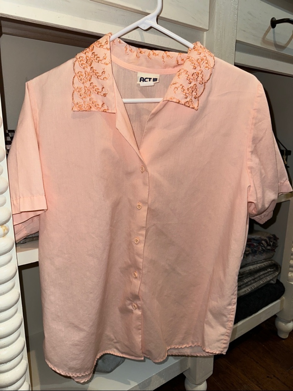 Vintage Light Peach Embroidered Collar Button-Up Blouse